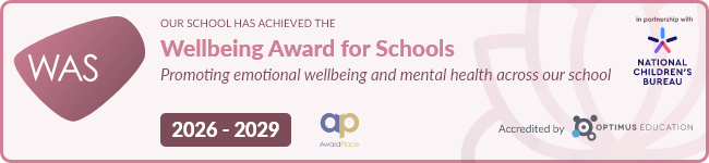 Banner for the WAS Wellbeing Award for Schools 2026–2029, promoting emotional wellbeing and mental health; includes National Children’s Bureau, AwardPlace, and Optimus Education logos.