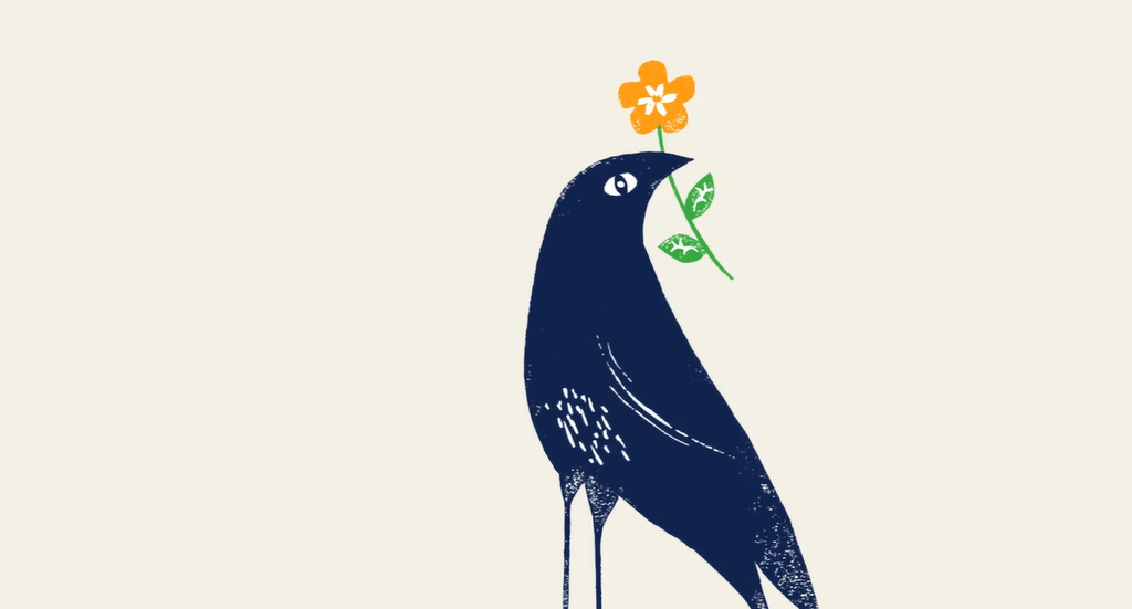 Stylized dark-blue bird holding an orange flower in its beak against a pale background.